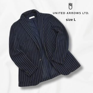 美品◇UNITED ARROWS◇リネンブレンドストライプニットジャケット◇サイズL◇ネイビー◇春夏◇アンコンジャケット◇ユナイテッドアローズ